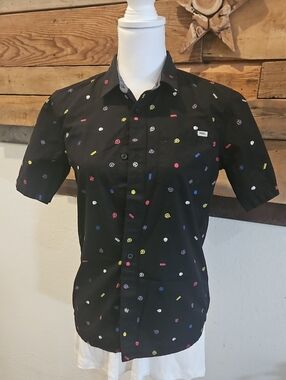 Vans Black Short-Sleeve Button-Up Shirt with Multicolor Micro Icons Bin 6
